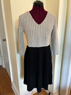 Ganni Anthropologie Black and White V-Neck Pleated Dress Stretchy Jacquard